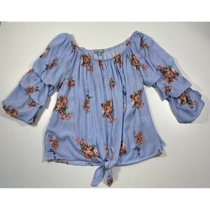 Have Fame by Almost Famous Blue Striped Floral Off Shoulder Tie Front Top L 070